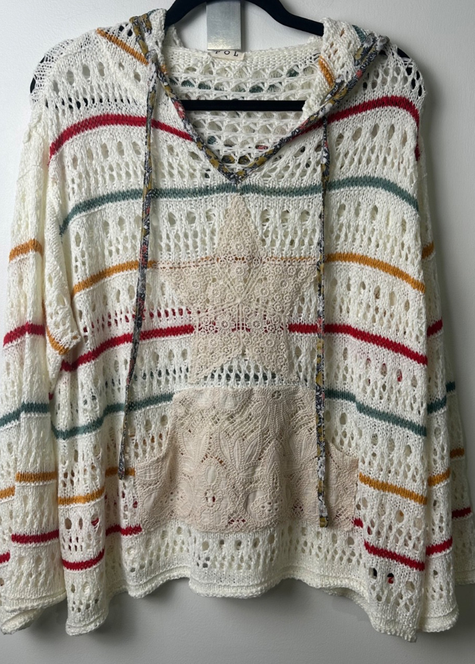 POL Crochet Hooded Sweater Pullover Star Patchwork Boho V-neck One Size B14